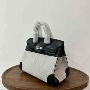 HERMES Birkin 25 Canvas & Leather Black Silver Hardware