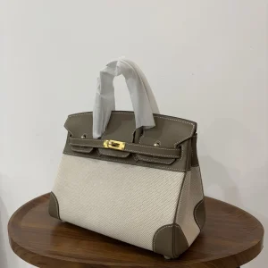 HERMES Birkin 25 Canvas & Leather Etoupe Gold Hardware