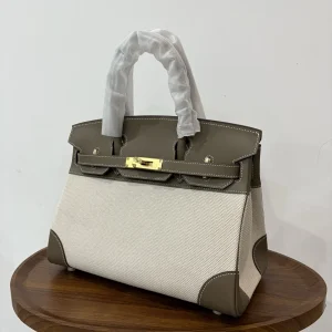 HERMES Birkin 30 Canvas & Leather Etoupe Gold Hardware