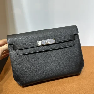 HERMES Kelly Depeches 25cm Epsom Black Silver Hardware