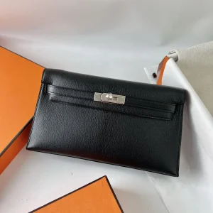 HERMES KellyElan 27cm Chevre Leather Black Silver Hardware
