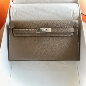 HERMES KellyElan 27cm Chevre Leather Etoupe Silver Hardware