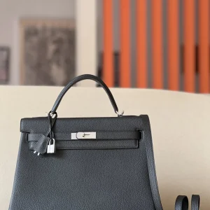 HERMES Kelly 35cm Togo Leather Black Silver Hardware