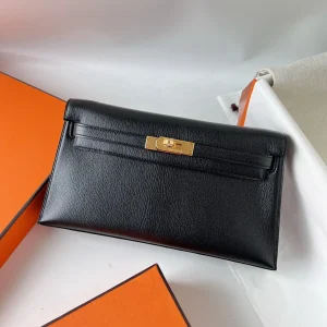HERMES KellyElan 27cm Chevre Leather Black Gold Hardware