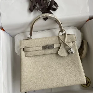 HERMES Kelly 25cm Togo Leather Milk White Silver Hardware