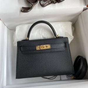 HERMES Mini Kelly 19cm Epsom Leather Black Gold Hardware