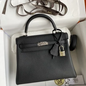 HERMES Kelly 25cm Togo Leather Black Silver Hardware