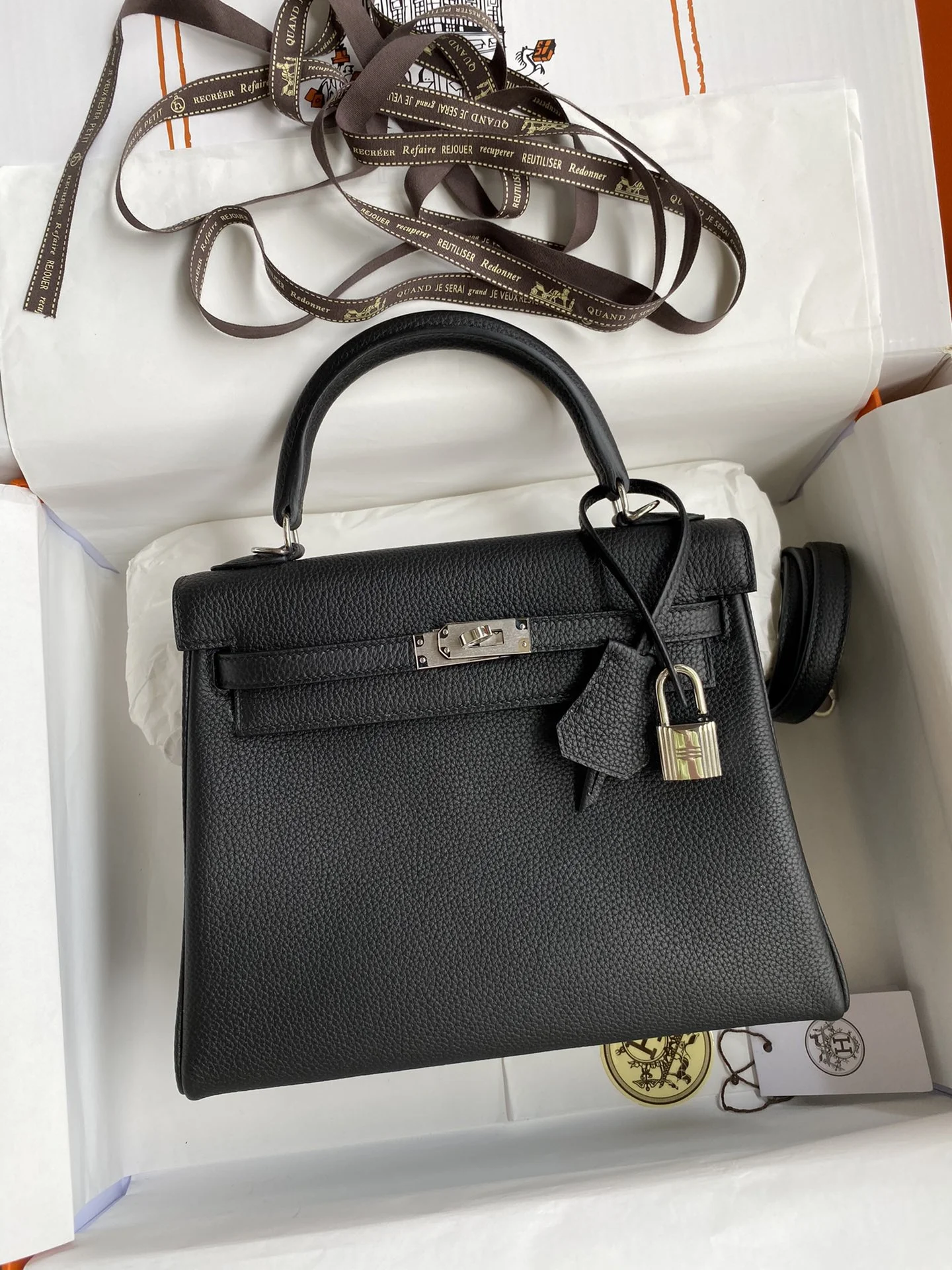 HERMES Kelly 25cm Togo Leather Black Silver Hardware