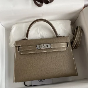 HERMES Mini Kelly 19cm Epsom Leather Etoupe Silver Hardware