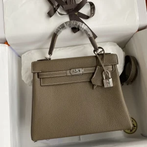 HERMES Kelly 25cm Togo Leather Etoupe Silver Hardware