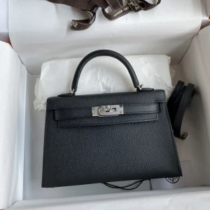 HERMES Mini Kelly 19cm Epsom Leather Black Silver Hardware