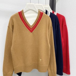 Celine 26 Early Spring New College Style Logo Embroidery Color Block V-neck Long Sleeve