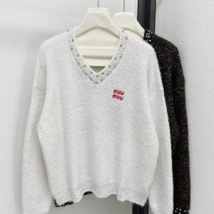 Miu Miu 26 Early Spring New Sequin Blend Logo Embroidery V-neck Long Sleeve