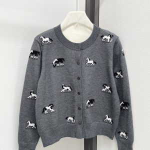 Miu Miu 26 Early Spring New Grey Horse Print Jacquard Cardigan