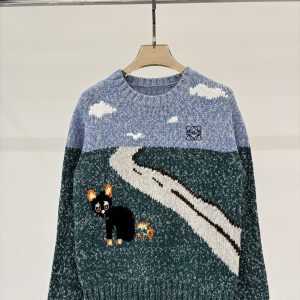 Loewe 26 Early Spring New Round Neck Cat Print Color Block Long Sleeve