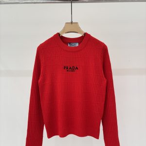 Prada 26 Early Spring New Round Neck Logo Color Block Knit Long Sleeve