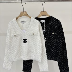 Chanel 26 Early Spring New V-neck Sequin Lace Long Sleeve