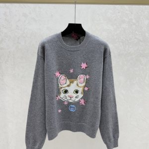 Gucci 2026SS Beaded Cat Print Crewneck T-Shirt